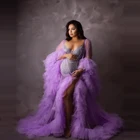 Платья для беременных, Классические фиолетовые, с длинными рукавами, сексуальные, прозрачные, с оборками и шлейфом, размера плюс