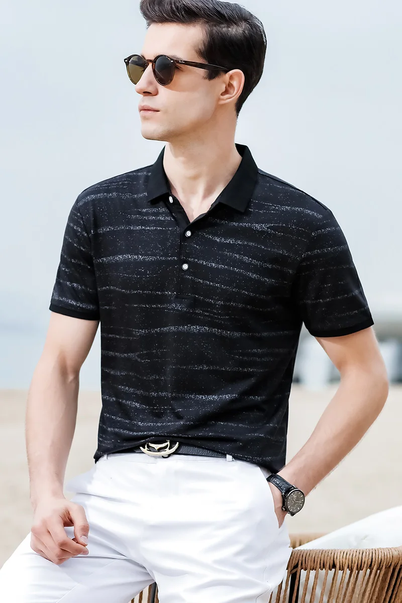 Summer men's short sleeve T-shirt casual Lapel stripe gradient polo shirt mercerized cotton loose fashion men's wear