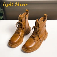 fashion motorcycle boots womens leather 2021autumn new retro round head side thick bottom thick heel casual womens ankle boots