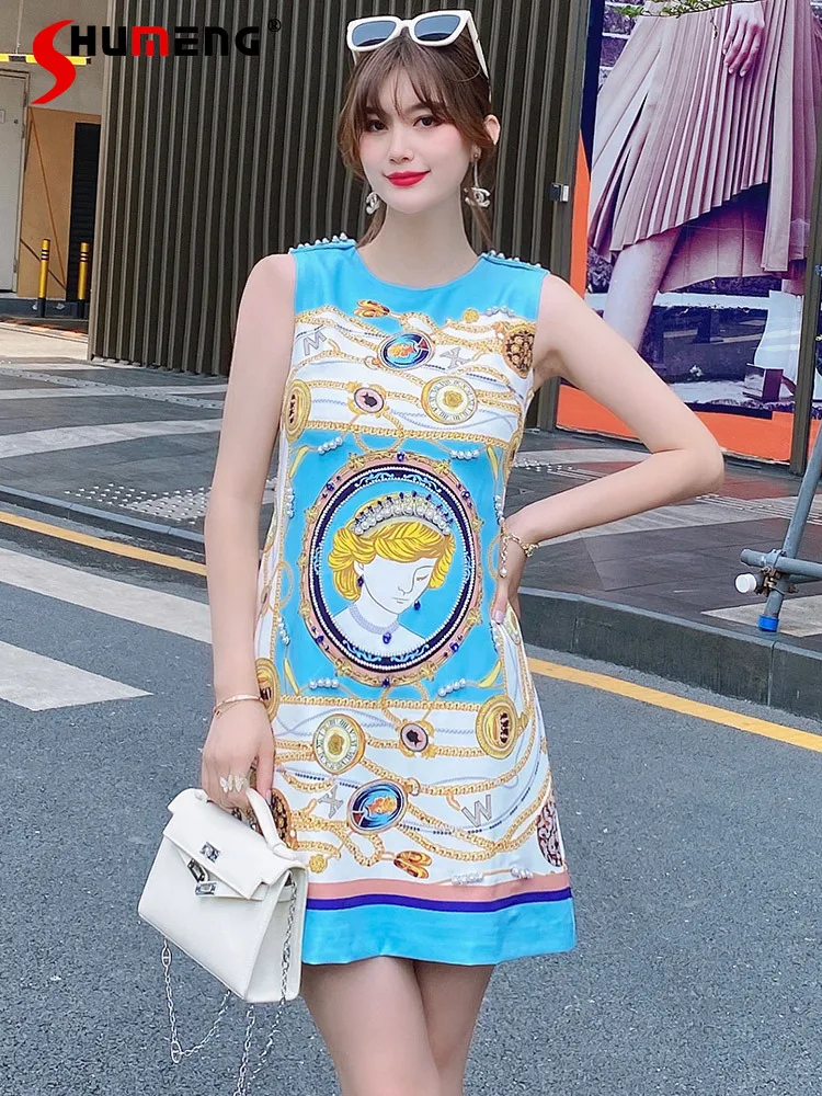 

Summer Women's Round Neck Vest Dress for Women Fashion Sweet Sleeveless Beads Rhinestones Printed Slim Sling Short Dress Female