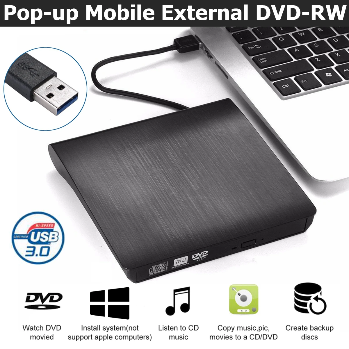 USB 3,0 тонкий внешний DVD RW CD Писатель Привод горелки ридер плеер Оптические приводы для портативных ПК