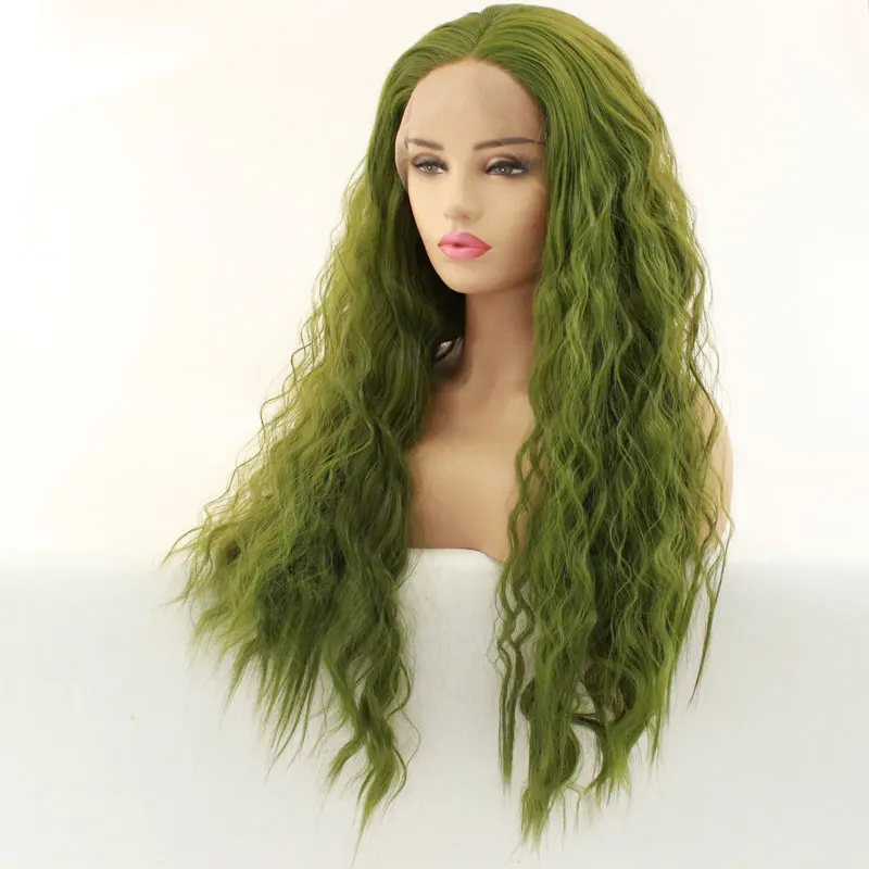 Зеленый, завязанный вручную, натуральный, кудрявый, синтетический, передний, кружевной парик, жаропрочные, волоконные волосы, натуральная линия волос, средняя часть для женщин, девушек