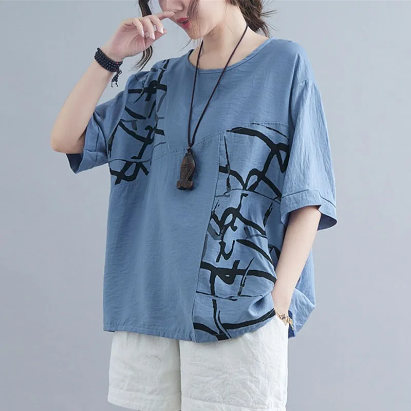 

Women Cotton Linen Casual T-shirts New Arrival 2021 Summer Simple Style O-neck Print Loose Comfortable Female Tops Tees S3651