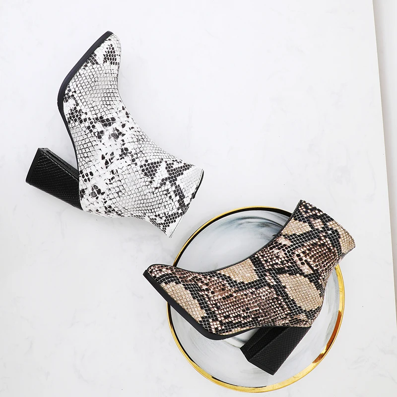 JK Snake Skin Pu Boots Women High Heels Ankle Booties Ladies Zip Shoes Female Emboss Pointed Toe Winter 2020 | Обувь