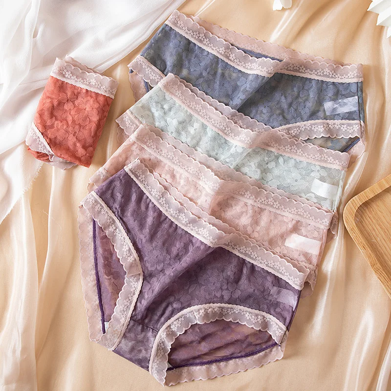 5PCS Women's Cotton Panties Breathable Sexy Lace Transparent Soft Girls Briefs Female Panty Seamless Underwear Low-Rise Lingerie