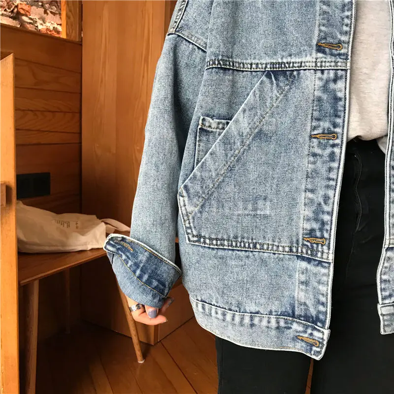 

Jackets Women Vintage Simple Spring Chic Denim Korean College Style Girls Jacket Stylish Turn-down Collar Ladies Outwear