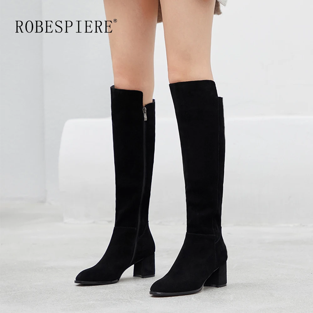 Женские сапоги из коровьей замши на молнии высоком квадратном каблуке | Обувь