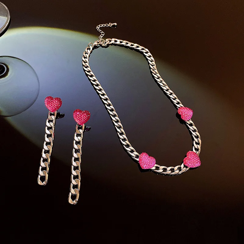 

LOVOACC Trendy Pink Spark Crystal Love Heart Pendant Earrings for Women Long Silver Color Metal Chain Tassel Earring Jewelry