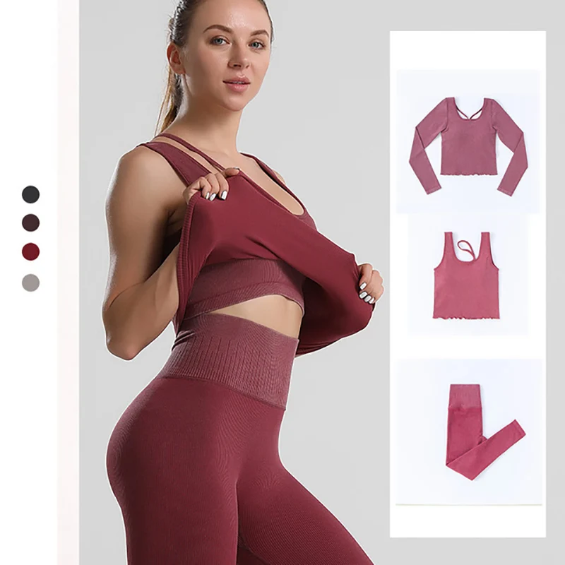 

2021 New Seamless Hip Lifting And Abdomen Fitness Running Three-Piece Suit For Fitness Yoga Woman Tracksuits 21008