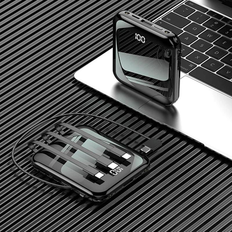 

20000mAh Mini Power Bank for iPhone 12 Xiaomi Huawei Samsung Poverbank with 4 Cables Portable External Battery Charger Powerbank