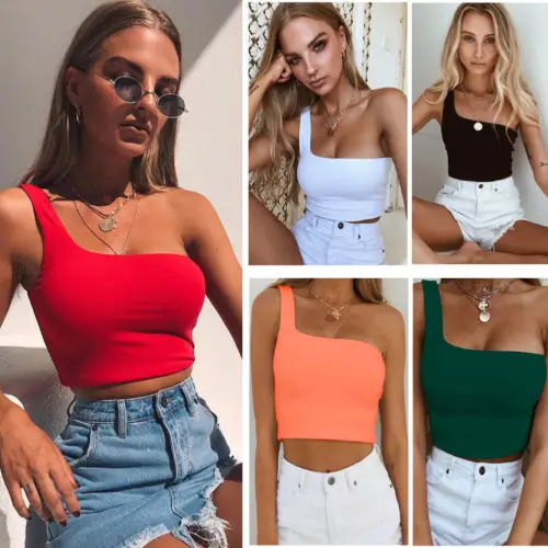 

Women's Summer Fashion Casual One Shoulder Vest Beach Sling Personality Short Sleeveless Top Black Green Red White Orange