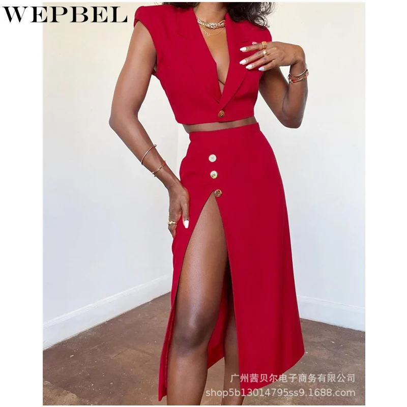 

Женский элегантный комплект WEPBEL с юбкой на пуговицах, женский сексуальный короткий топ без рукавов с V-образным вырезом и длинная юбка с выс...