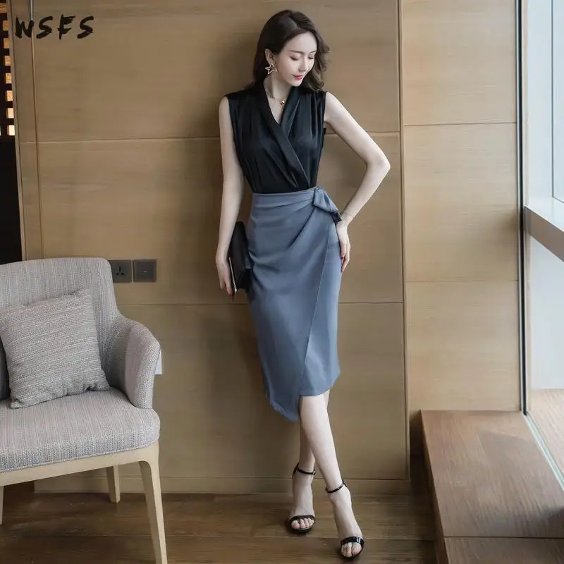 

Summer 2 Pieces Set Black Vneck Shirt Sleeveless Tops Blouses Grey Pencil Midi Wrap Skirts Elegant Office Ladies Women Dress