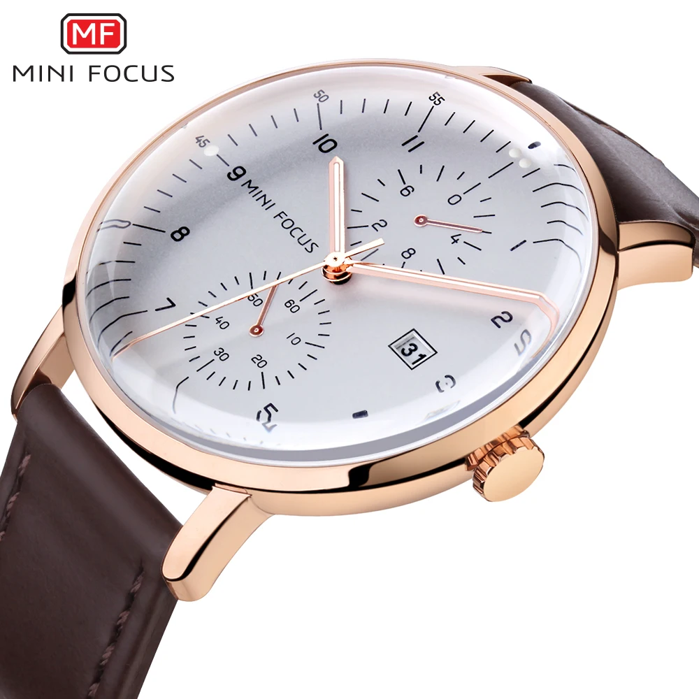 

MINI FOCUS Fashion Watch For Men Quartz Clock Brown Genuine Leather Strap Auto Date Display Business Classic Wrist Watches