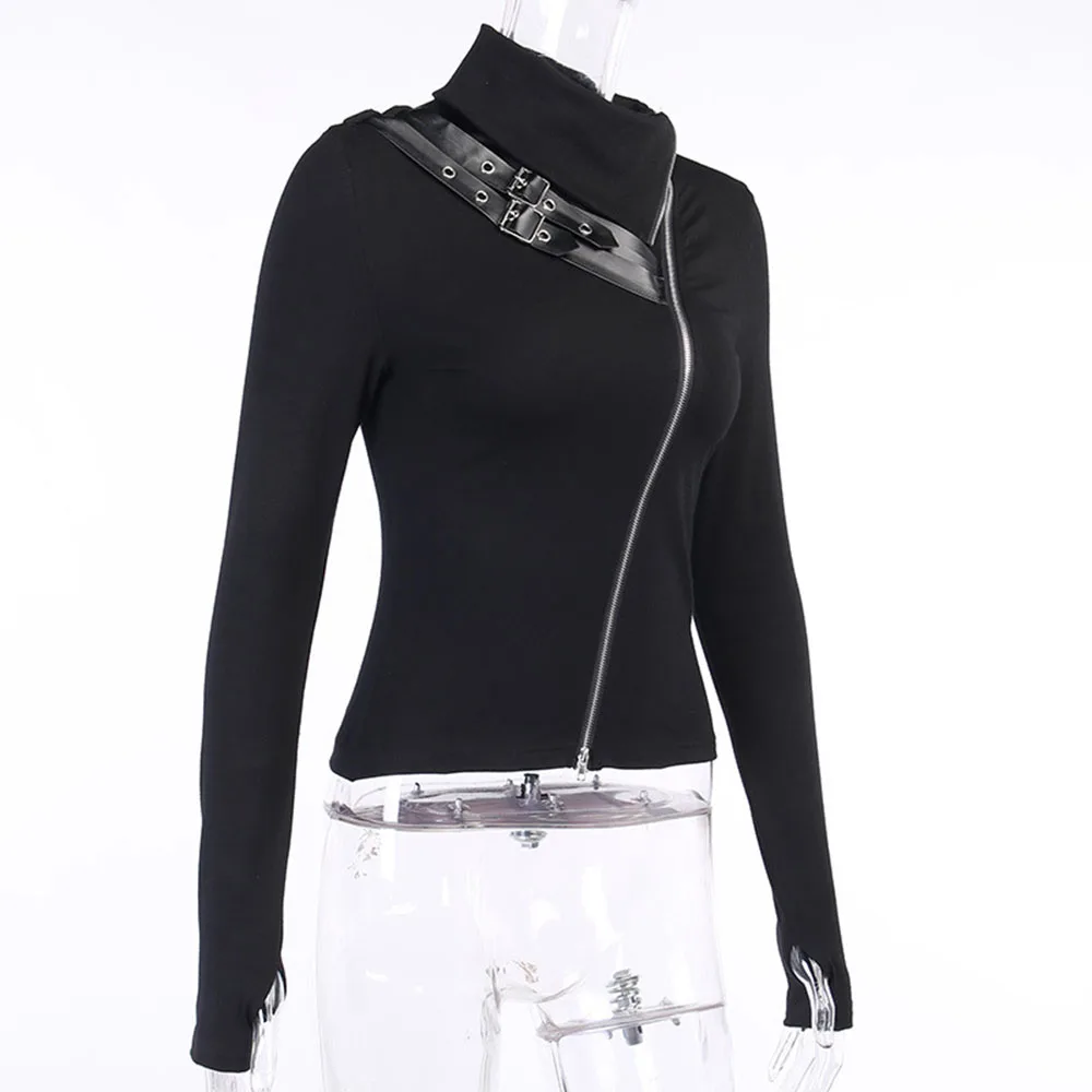 

Gothic Punk Long Sleeve T Shirt Fall Women Sexy Slim Zipper Design Turtleneck Female Streetwear T-Shirts 2021 New Fashion Trendy