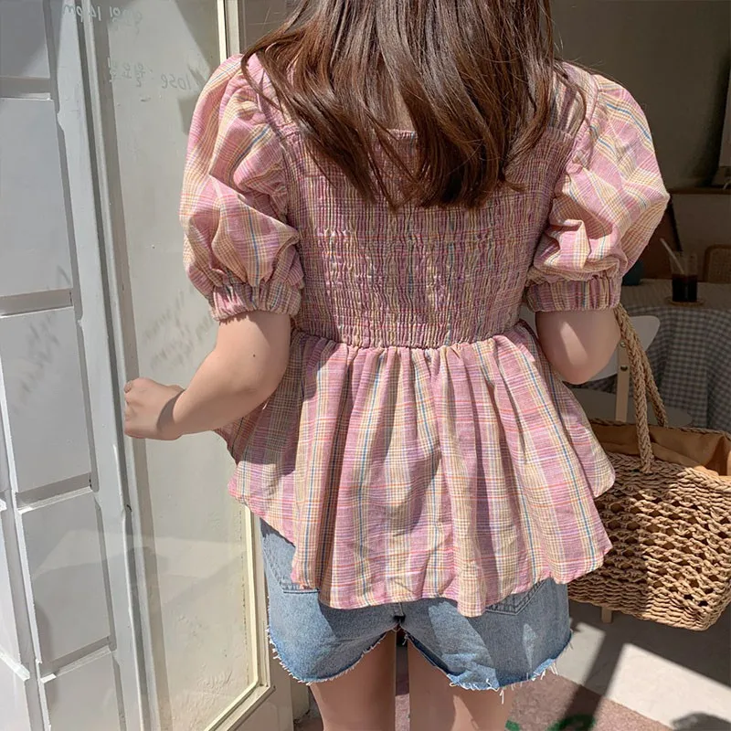 

Women Summer Blouses French Style Square Collar Short Plaid Shirts Ruffled Slim Slimming Shirts
