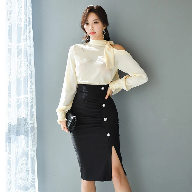 

Женский офисный костюм, черная Облегающая рубашка с открытыми плечами, элегантная юбка карандаш