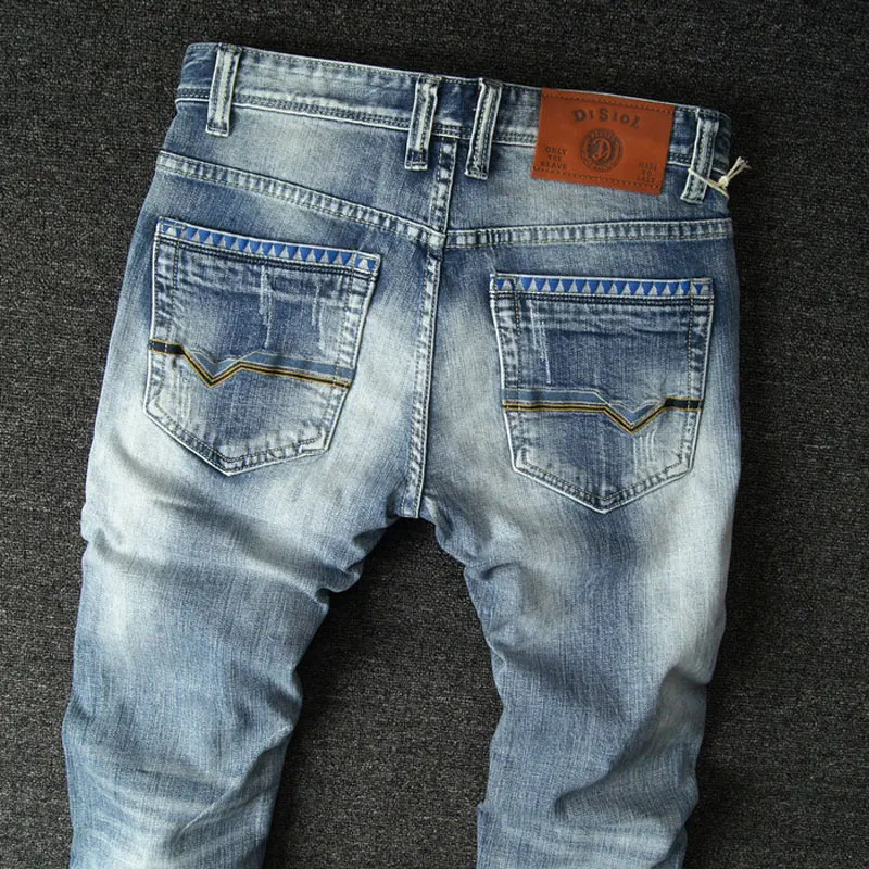 European Vintage Fashion Men Jeans Retro Light Blue Elastic Slim Fit Ripped Jeans Men Korean Printed Designer Casual Denim Pants