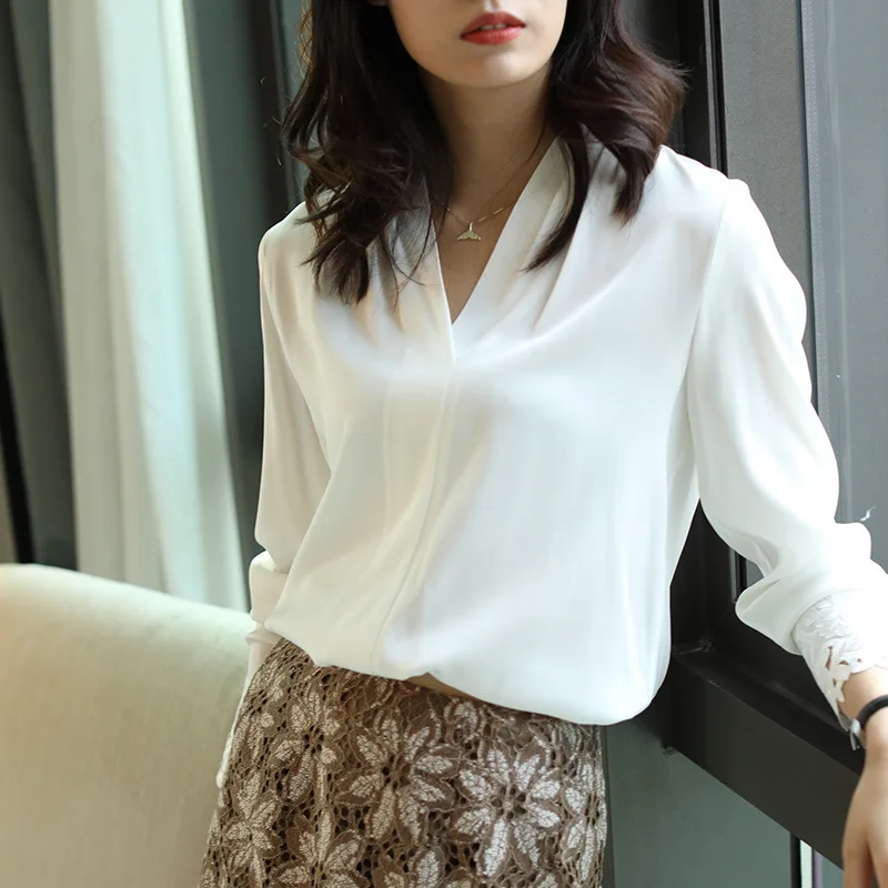 Блузка женская из натурального чистого шелка весна-лето 2020 белая рубашка