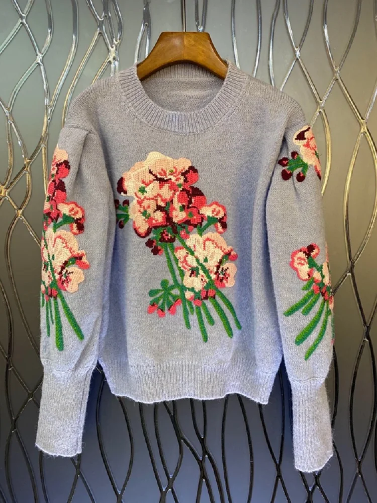 2021 Autumn Winter Hot Sale Sweaters High Quality Women Floral Embroidery Patterns Knitted Long Sleeve Casual Blue Red Pullover