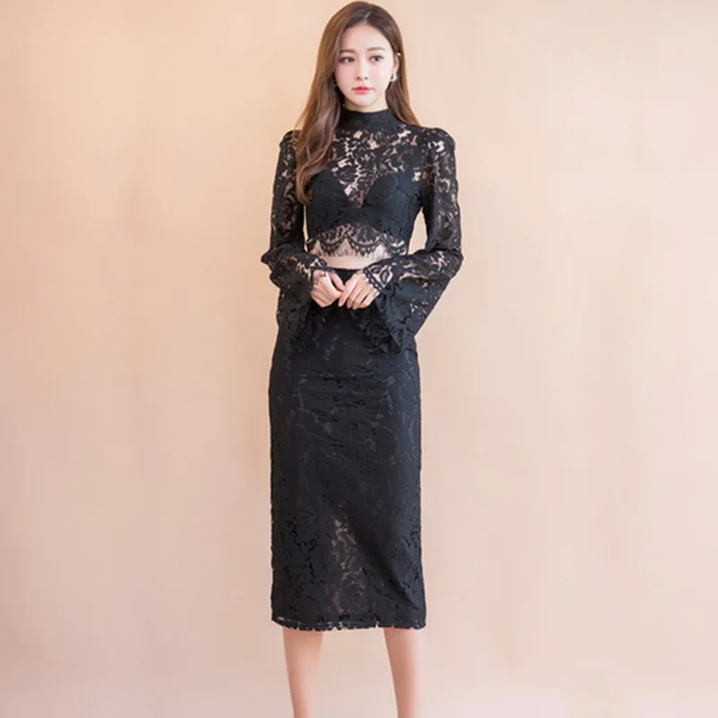 Привлекательный кружевной Женский комплект из двух предметов короткий топ с