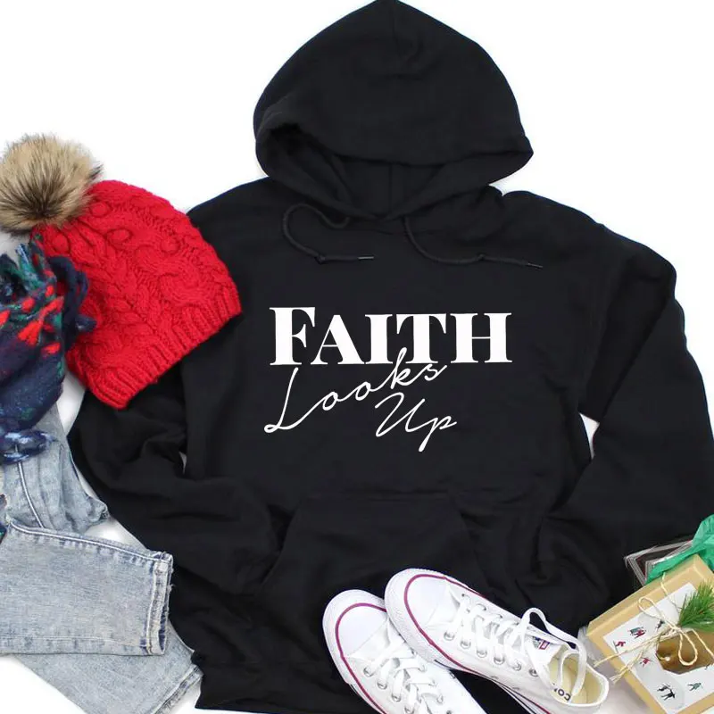 

Faith Looks Up Hoodies Women Religious Christian Church Jesus Sweatshirts Casual Unisex Long Sleeve Motivational Quote Pullovers