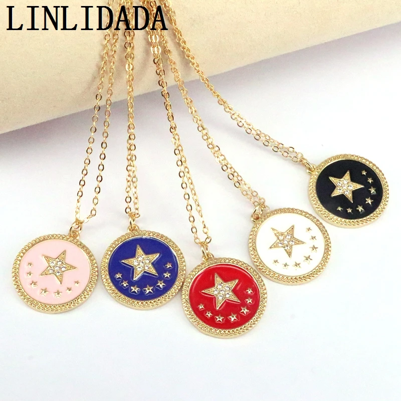 

10Pcs, Enamel Round Necklace For Women Pave Cz Star Pendant Necklace CZ Cubic Zirconia Wholesale Jewelry Gifts