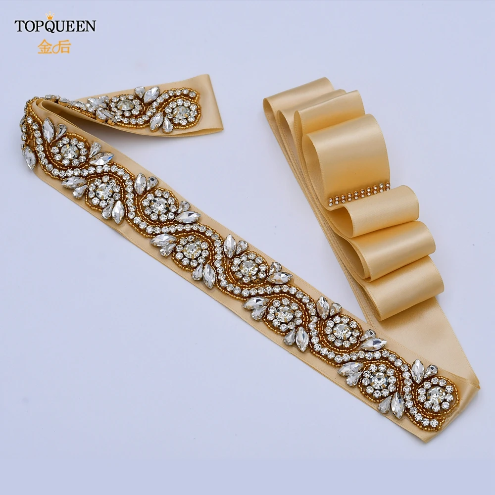 TOPQUEEN S164-G Золотая лента для платья Золотые стразы пояс невесты подружки