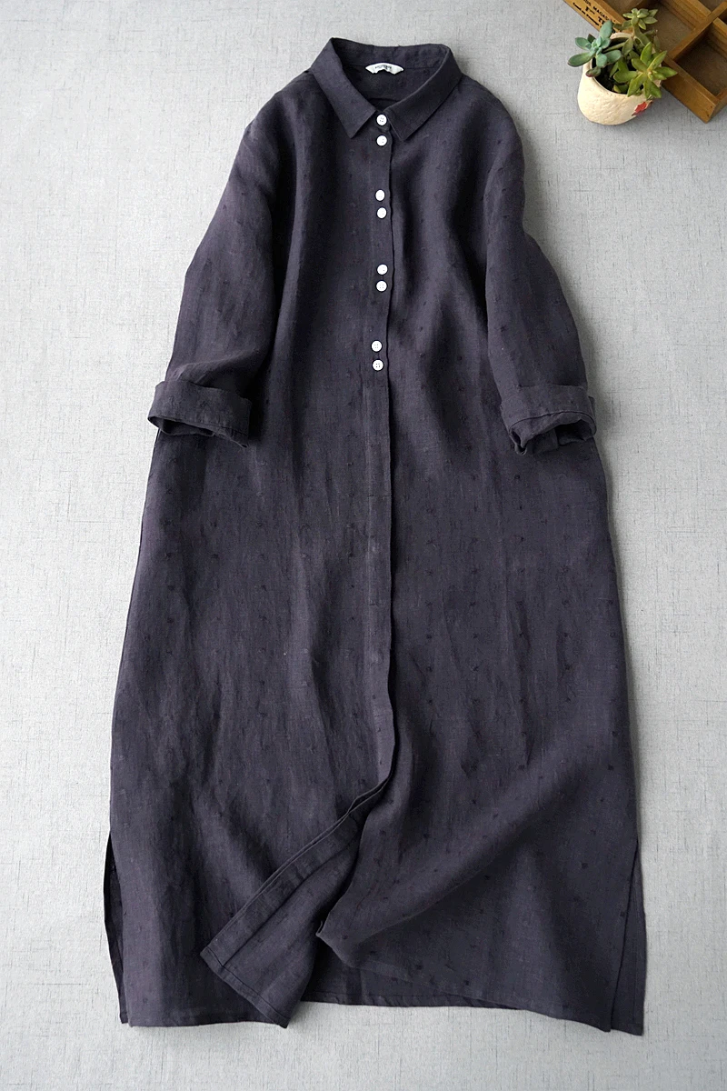 

Spring Summer New Women Basics Brief Loose Jacquard Comfortable Water Washed Linen A-line Shirt Dresses