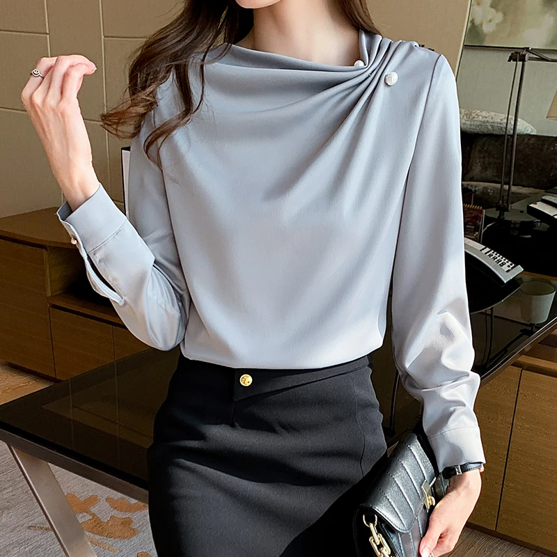 

Korean Women Blouses Chiffon Shirts Fashion Ruched Beading Elegant Long Sleeve Top Back Zipper Pullover Pleated Office Lady Tops