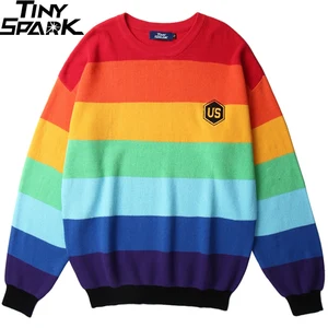 Мужской трикотажный свитер в стиле хип-хоп, 2019, в полоску, цвет радуги, свитер для улицы, пуловер 2019, Harajuku, свитер с вышивкой, хлопок