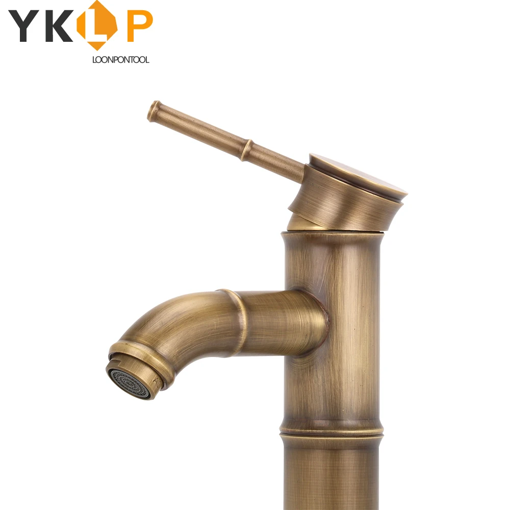 

Antique Brass Waterfall Bathroom Sink Faucet Luxury Tall Bamboo Cold Water Tap Retro with Two Pipes Outdoor Garden Basin Faucets