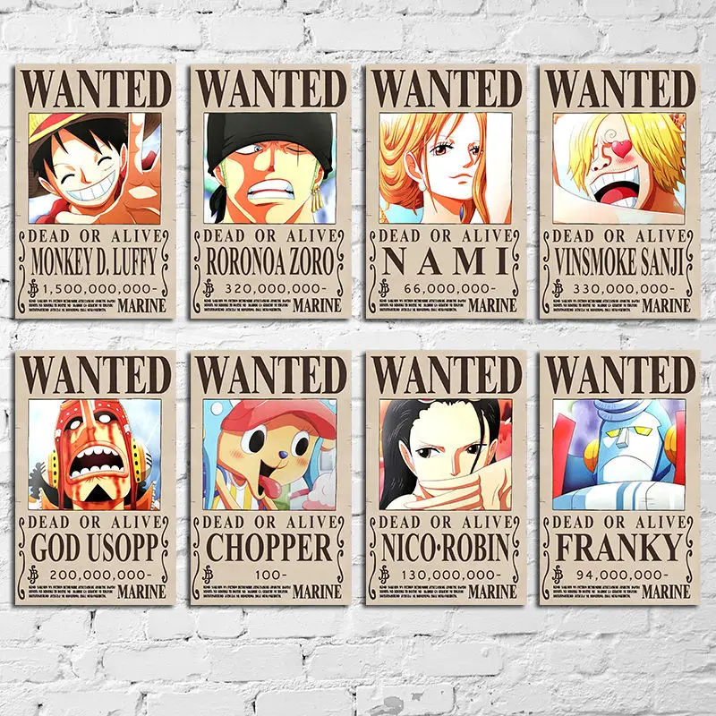 

Straw Hat Pirates Wanted Luffy Retro Poster Nami Chopper Robin Zoro Sanji Usopp Sabo Reward Posters and Prints Canvas Painting