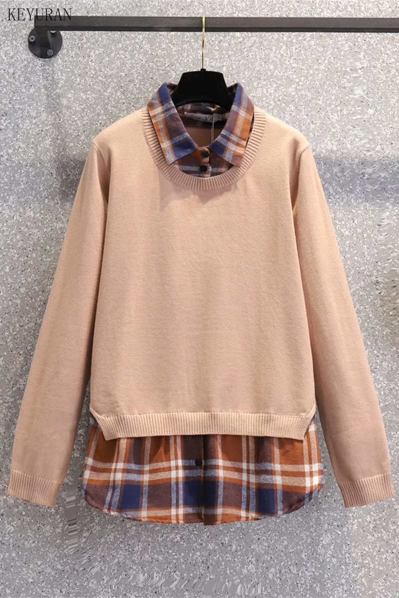 

Plus Size Women Knitted Sweater Female Turn-down Collar Loose Casual Fake Two Pieces Plaid Patchwork Pullovers Sweater Jumper