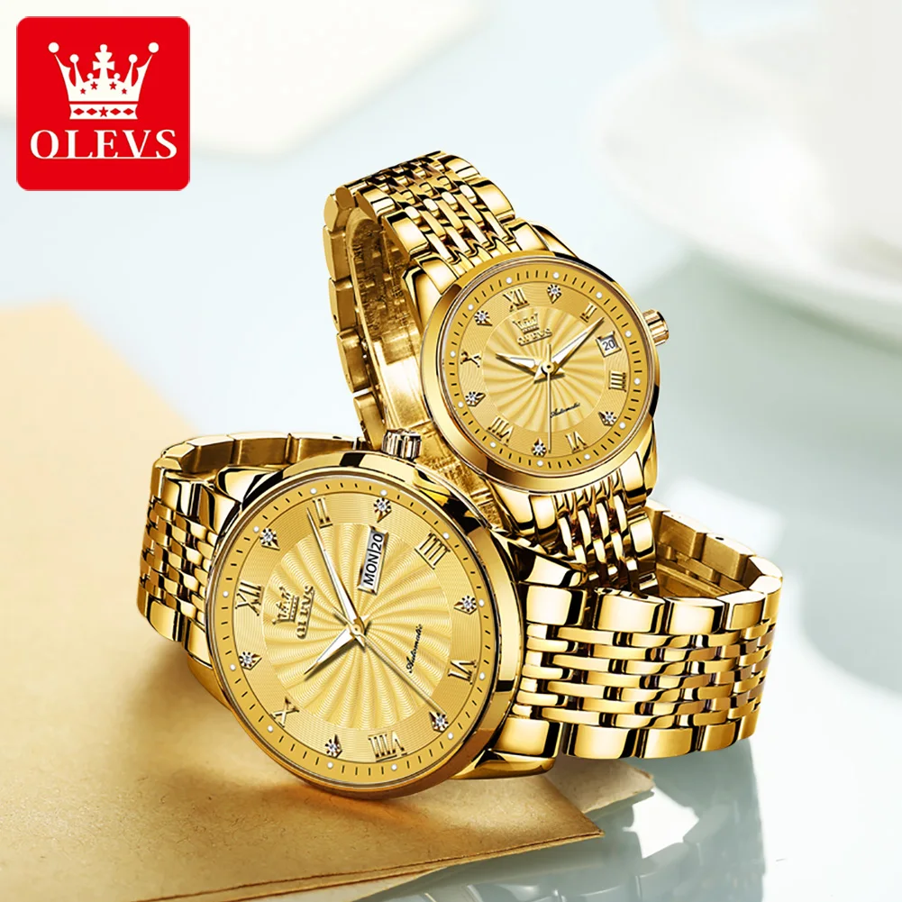 OLEVS Fashion Lovers Watches Brand Luxury Automatic Mechanical Watch For Men Women Stainless Steel Waterproof Couple Watch 6630