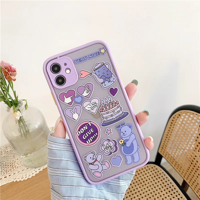 Cute Cartoon Bear Lovely Pattern Label Matte Phone Case For iPhone 11 Pro Max 7 8 Plus SE 2020 X XR XS Plastic Covers | Мобильные