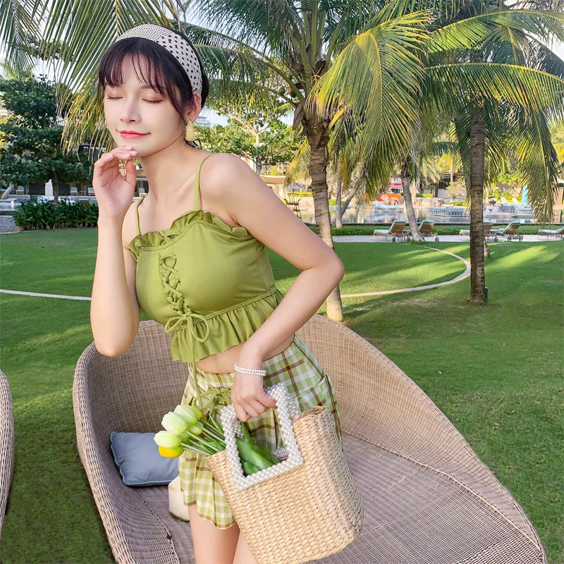 

Split swimsuit korean mini cool plaid split high waisted skirt small chest slim swimsuit hot pink swimsuit high waist bikini