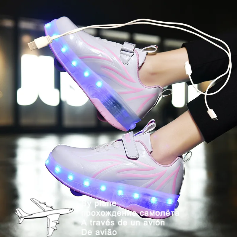 With Double Two Wheels Roller Skate Shoes Adult Kids Usb Cha