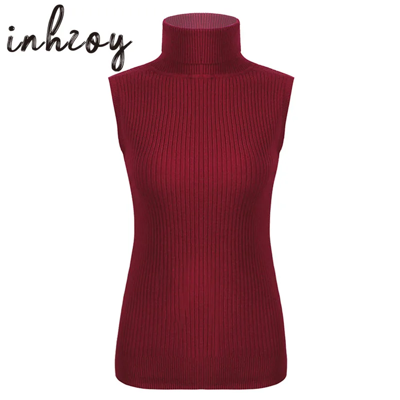 

Women Sweaters Turtleneck Ribbed Jersey Sleeveless Stretchy Knitwear Ladies Casual Solid Color Knitted Pullover Tank Top Vests