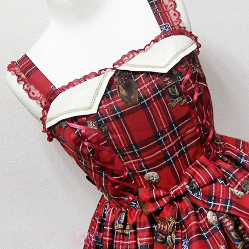 

Japanese Women Soft Sister Lolita Dress High Waist Print Bear LooseJSK Strap Dress For Yong Ladies
