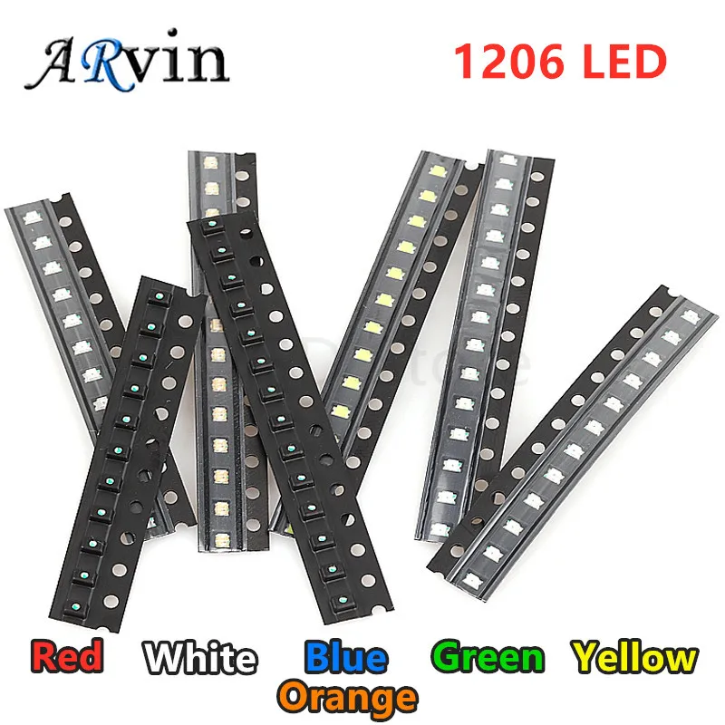 

100pcs/lot 6 Colors SMD 1206 Led DIY kit Ultra Bright Red/Green/Blue/Yellow/White/Orange Water Clear LED Light Diode set