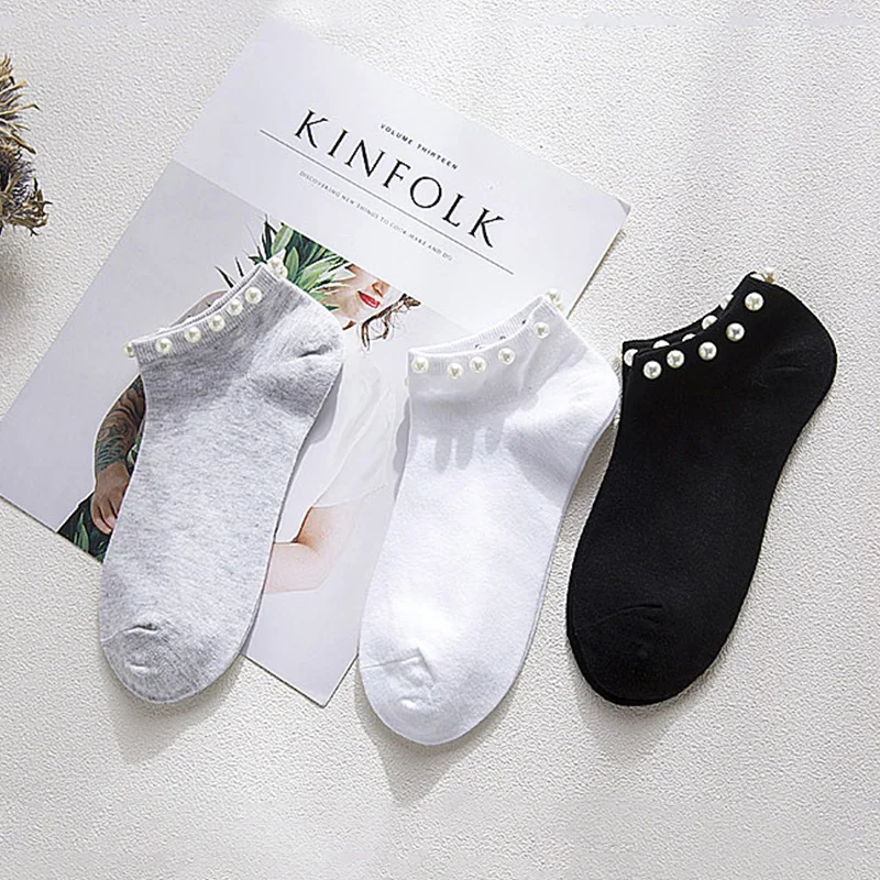

1 Pair of Pure Cotton Shallow Mouth Socks Women's Sweet Socks Summer Comfortable Casual Socks Pure Color Pearl Socks