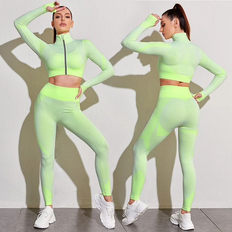 

2021 New Seamless Women Yoga Set Workout Sportswear Gym Clothing Fitness Long Sleeve Crop Top High Waist Leggings Sports Suits