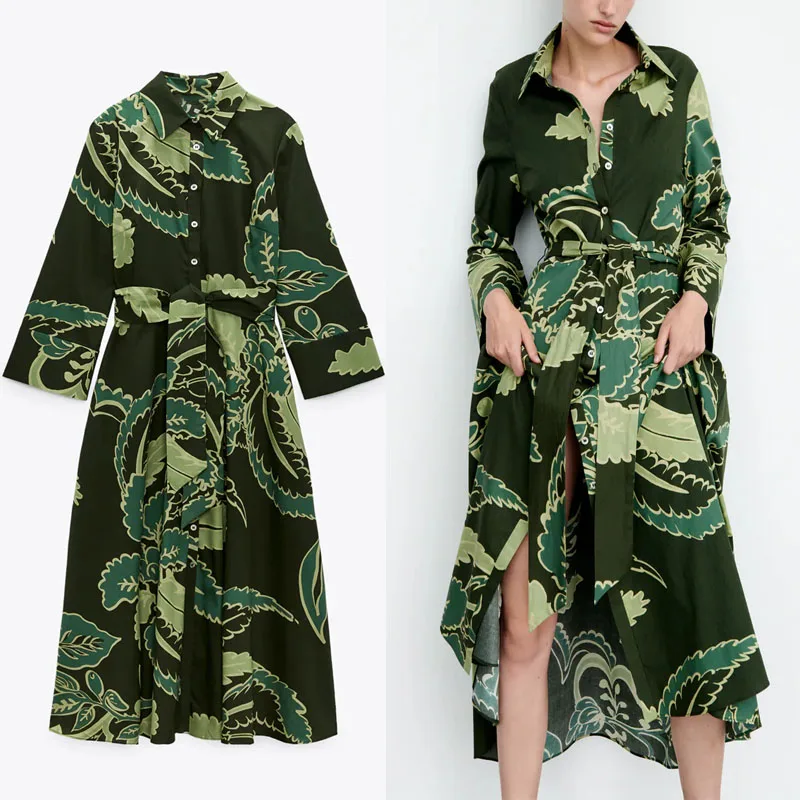 

Женское платье-рубашка с поясом ZA, зеленое винтажное осеннее платье с длинным рукавом и шнуровкой, шикарное платье средней длины на пуговиц...