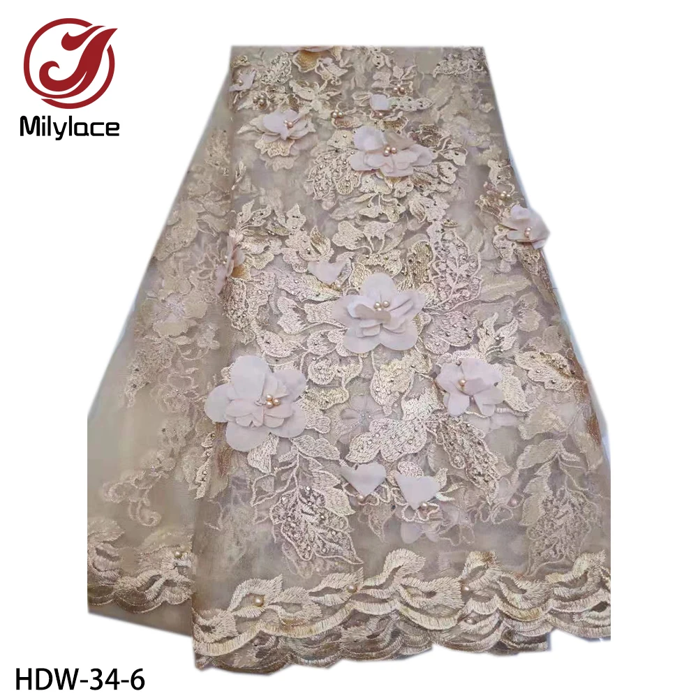 Milylace 3D цветок, французское кружево ткань розовый цвет вышитая кружевная тюль ткани с бисером и камнями для свадебных платьев HDW-34