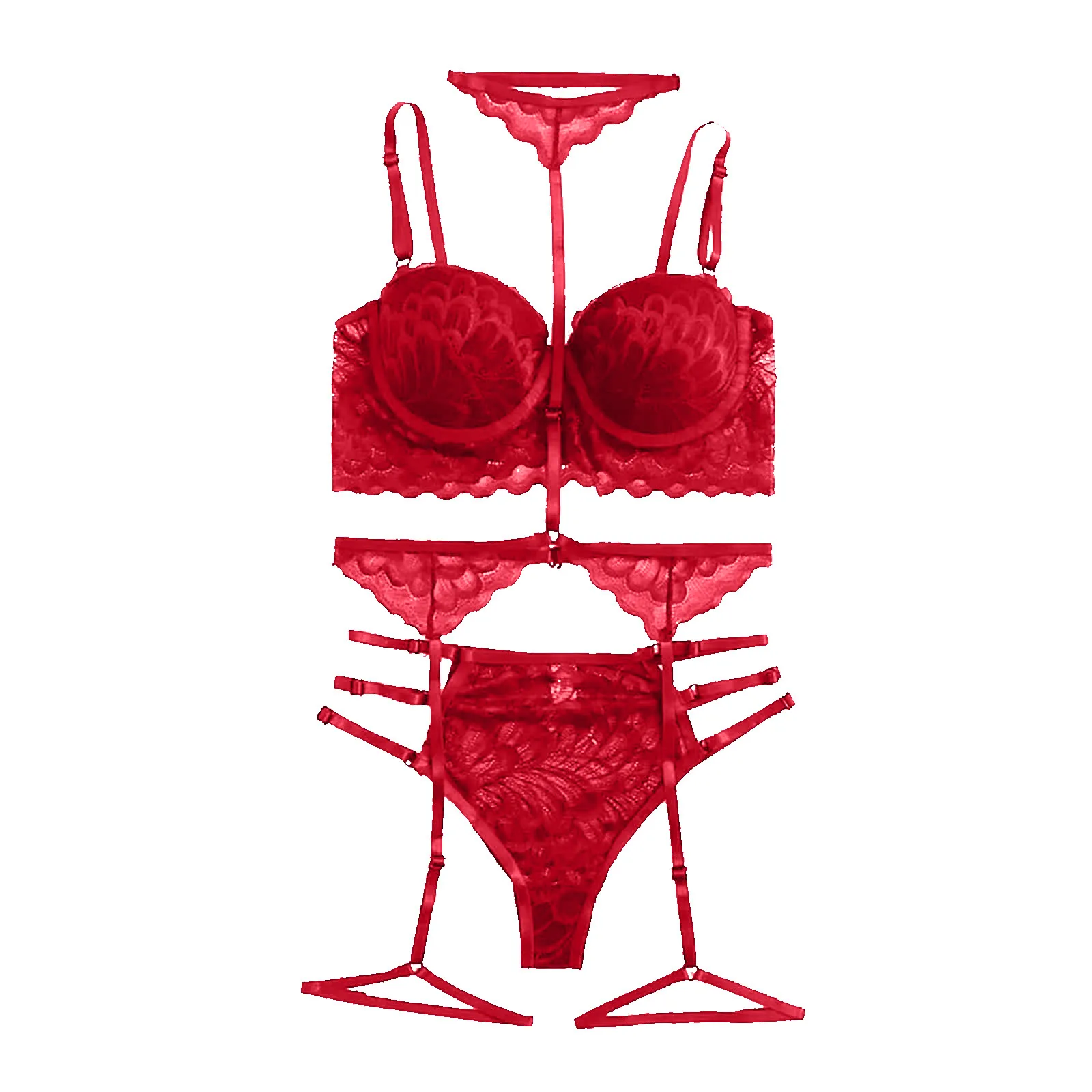 

Women Lace Lingerie V-Neck Bra Thong With Garter Underwear Pajamas Suit Set Comfortable Lingerie Lace Nightwear Underwear Set