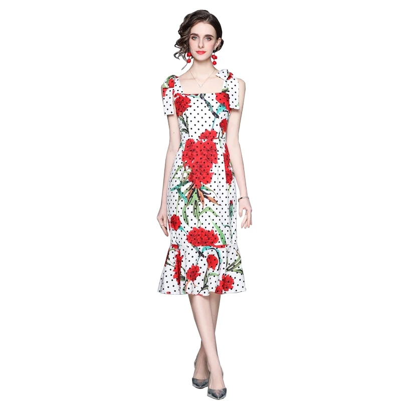 

2021 Newest Summer Vintage Dots Foral Print Women Dress Square Collar Spaghetti Strap High Waist Slim A-Line Mid Calf Dresses