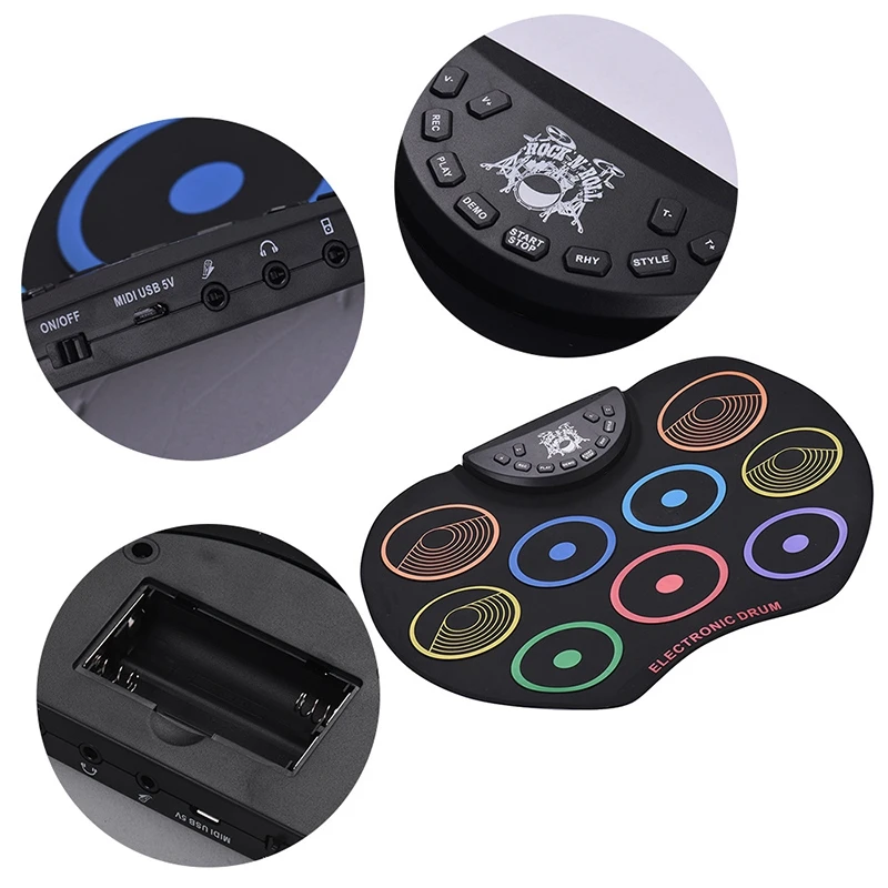 

Portable Roll Up Drum Set Electronic Drum Kit 9 Silicon Drum Pads USB Powered with Drumsticks Foot Pedals for Kids