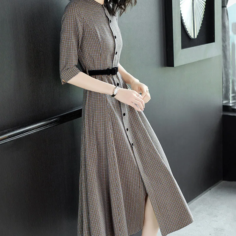 2019 осеннее платье Профессиональный воротник длинный ретро плед для похудения