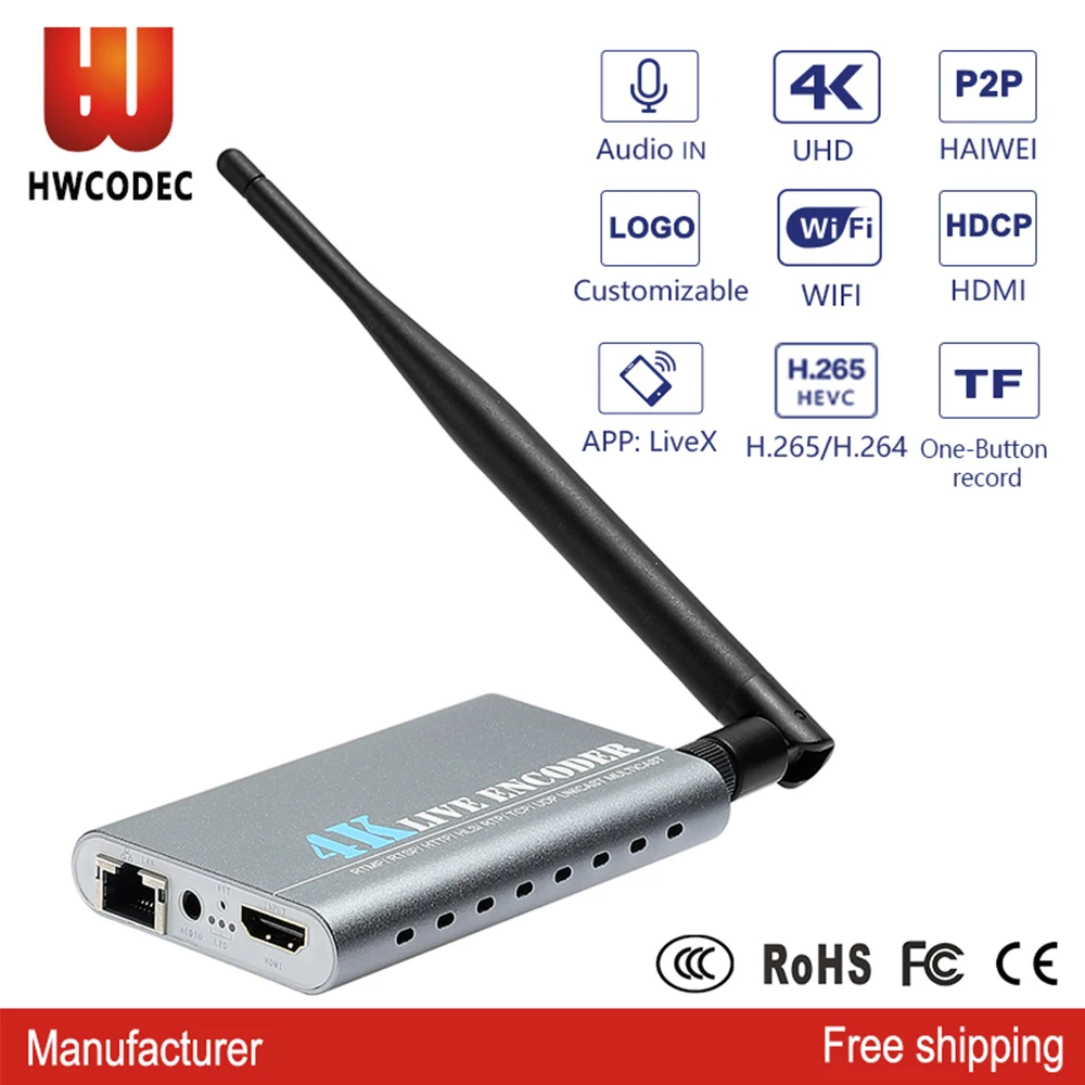 Беспроводной HDMI аудио и видео кодек HWCODEC K1W H.265 4K с поддержкой TF/ SD карт приложение